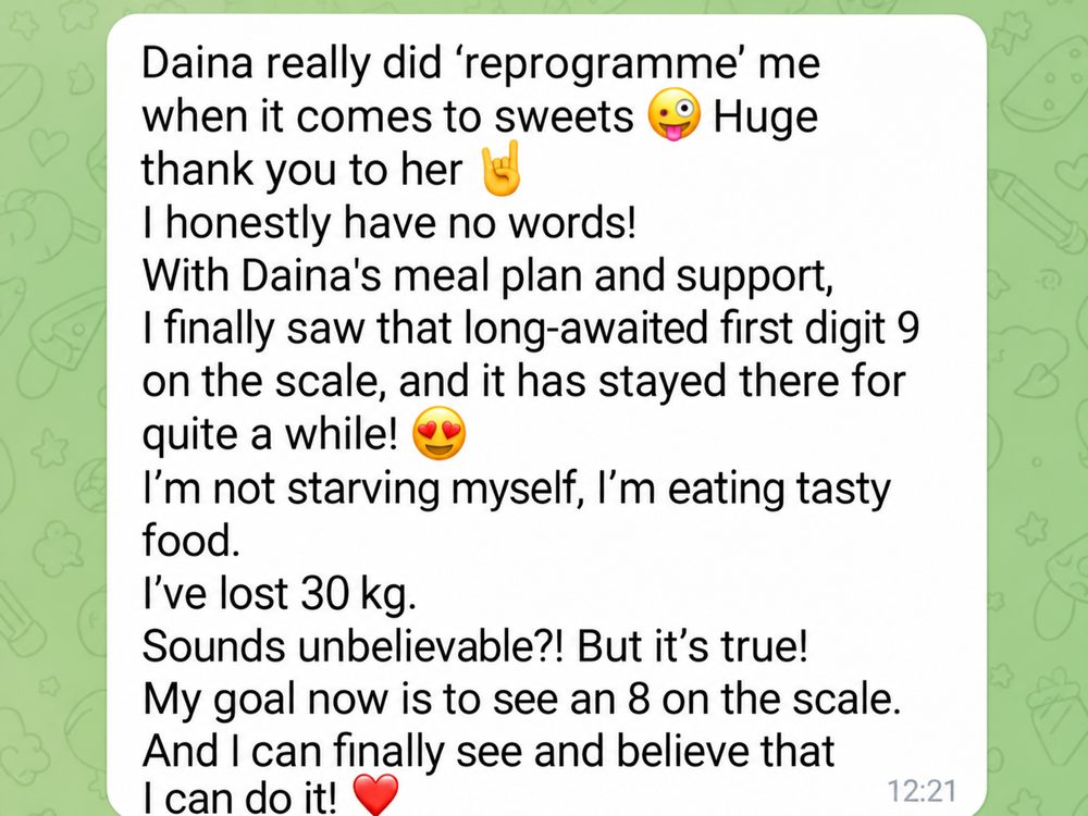 Message from Kamėja (translated): lost 30 kg, the first digit on the scales is now a 9