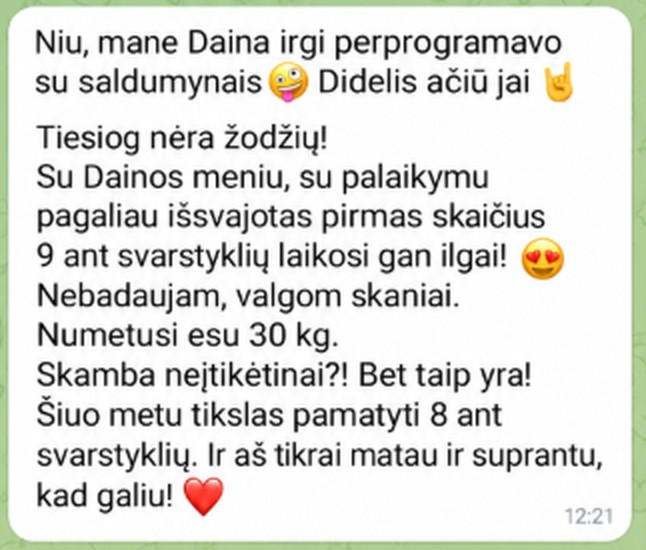 Kamėjos žinutė: numetusi 30 kg, svarstyklėse pirmas skaičius 9